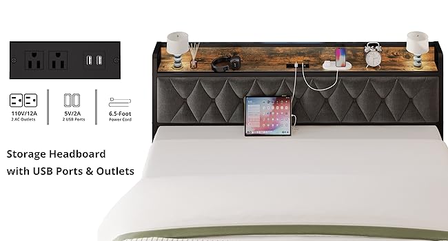 Bed Frame with Storage Headboard with Outlets