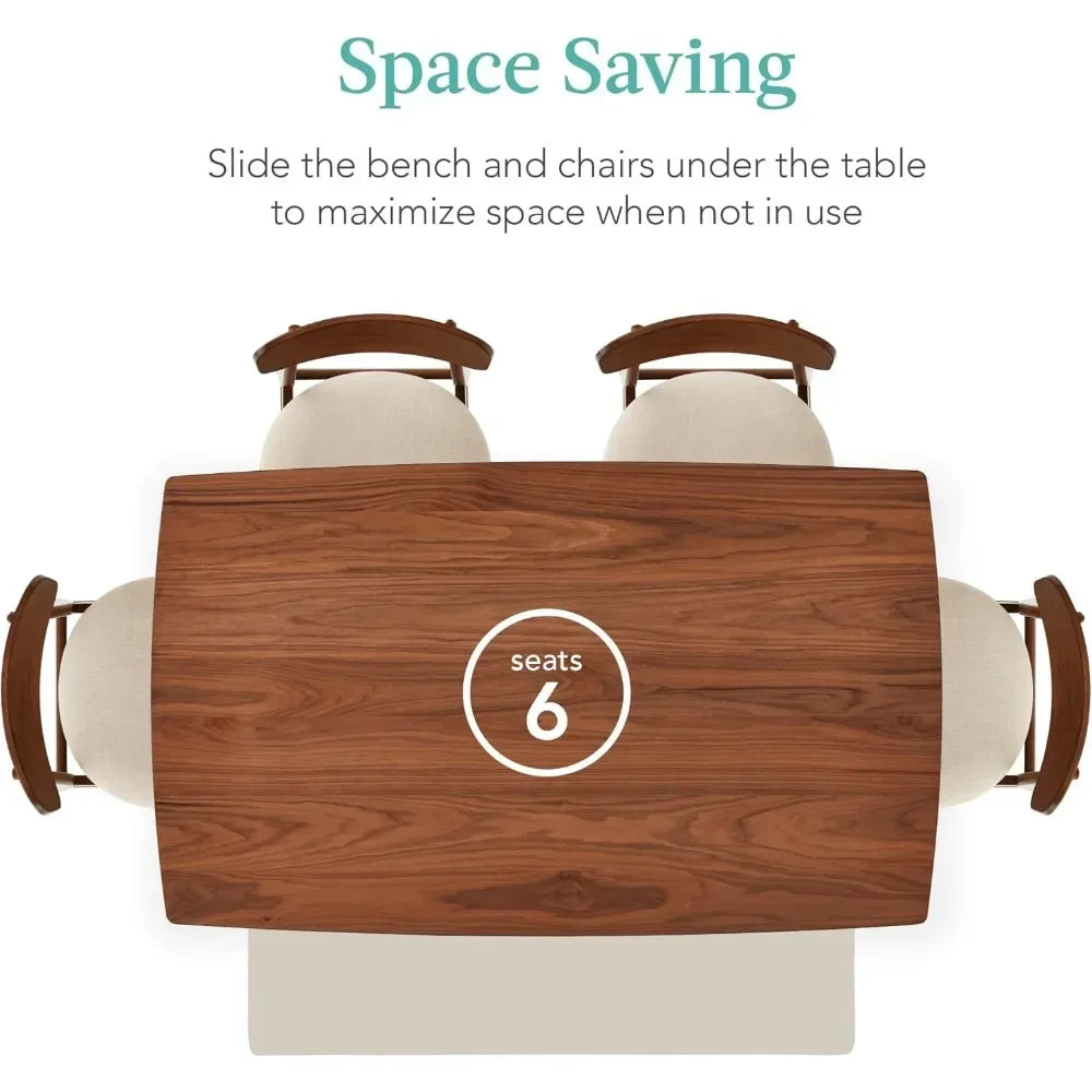 Mid-Century Modern Wooden Table & 4 Upholstered Chair Seats and Bench