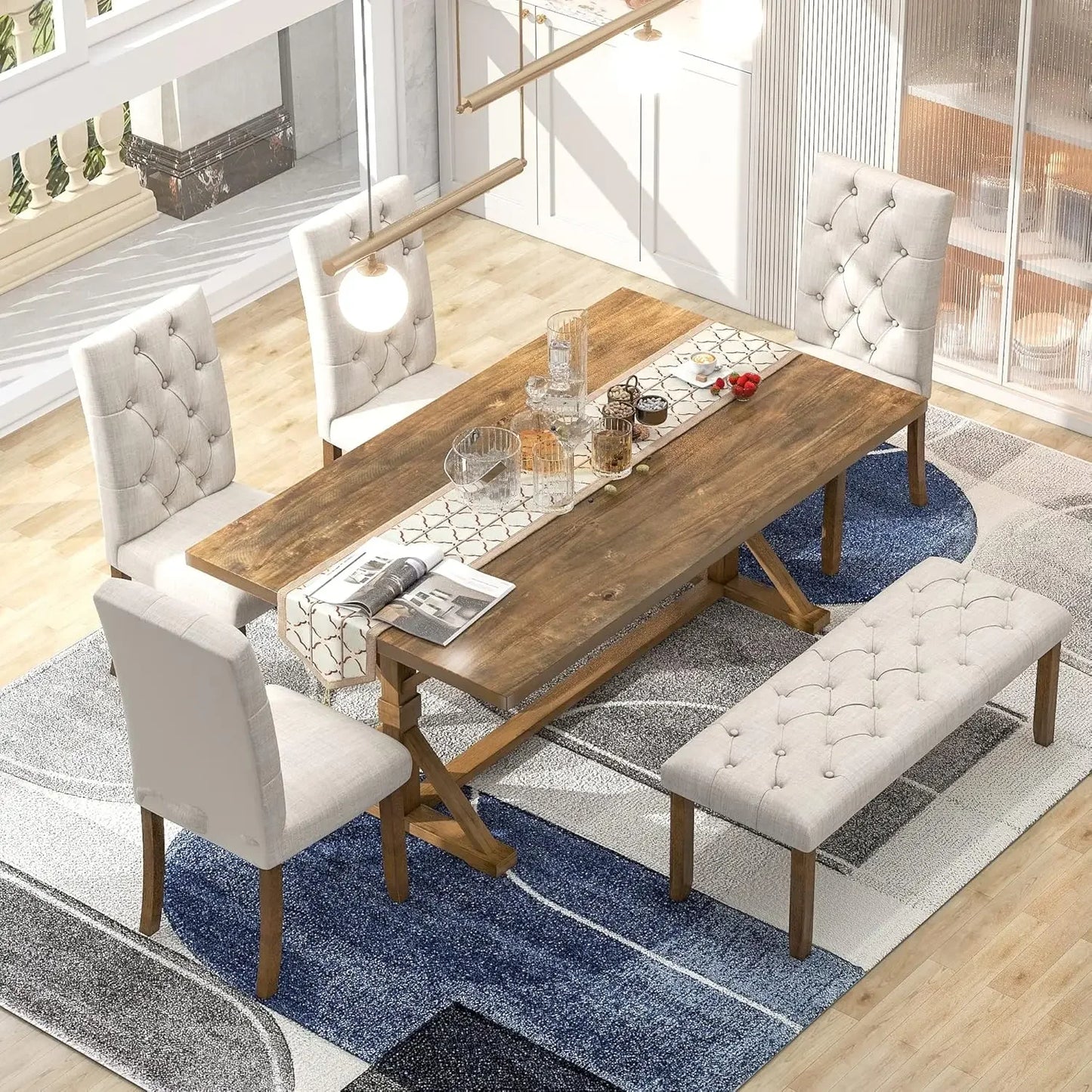 Exquisitely Designed Farmhouse Kitchen Table, Includes 4 White Upholstered Chairs and A Bench