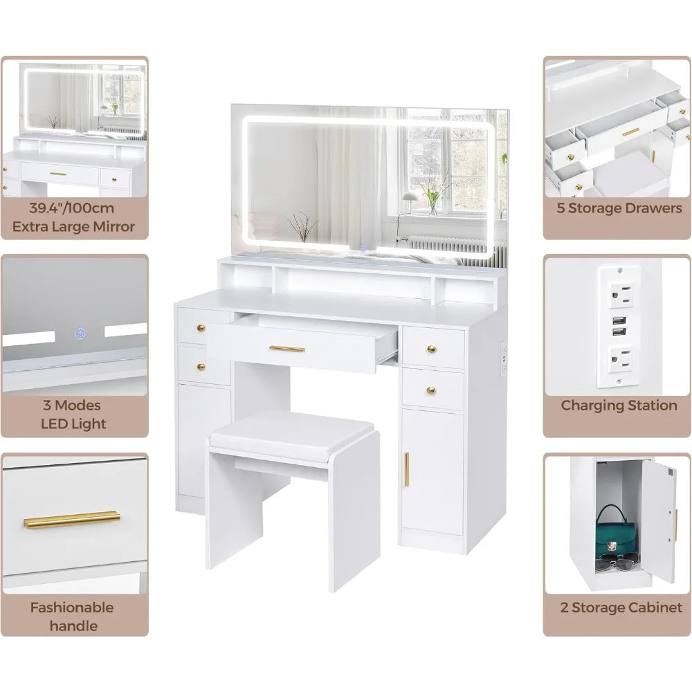 Beautiful Vanity Set with Large LED Lighted Mirror with 3 color Lighting and Power Outlet, White
