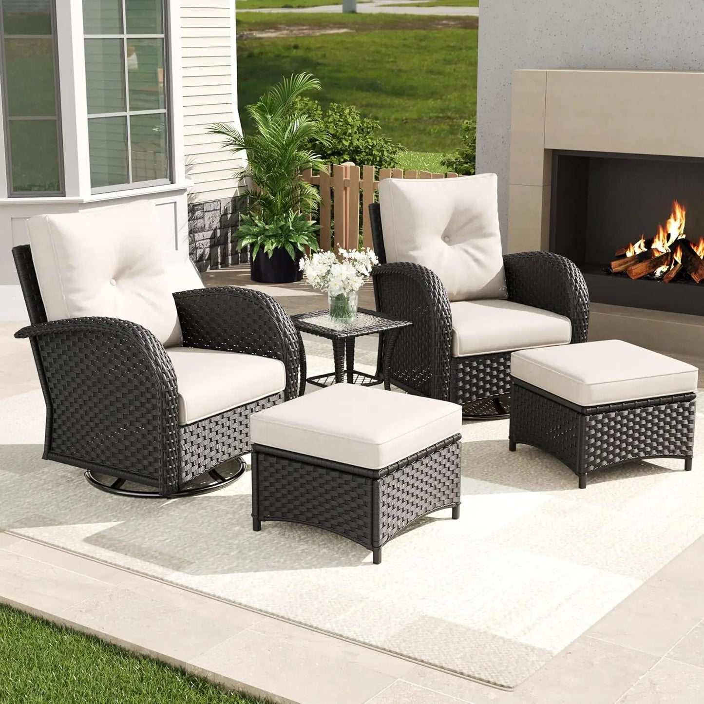 Outdoor Wicker Swivel Rocker Chairs and Coffee Table