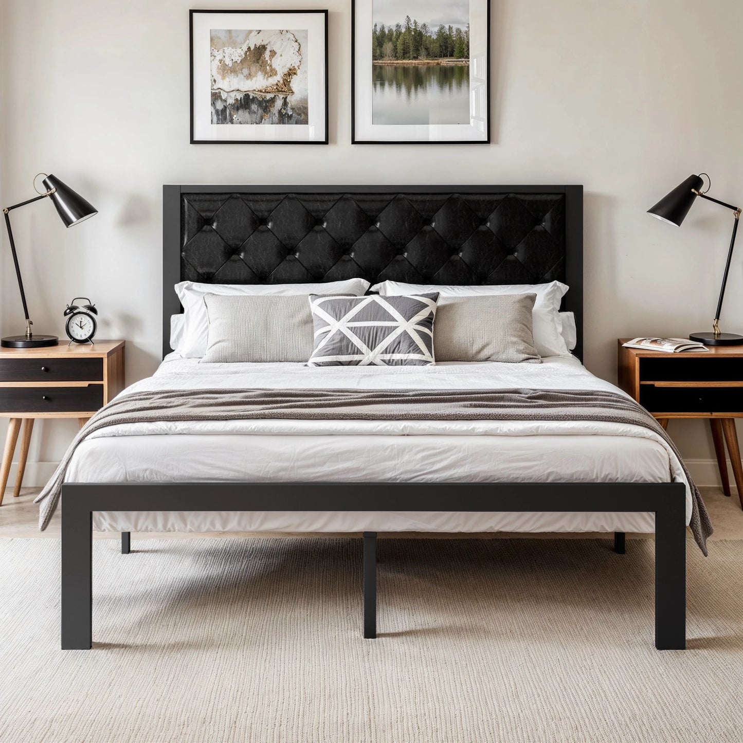 Metal Bed Frame with Upholstered Finely Stitched Headboard