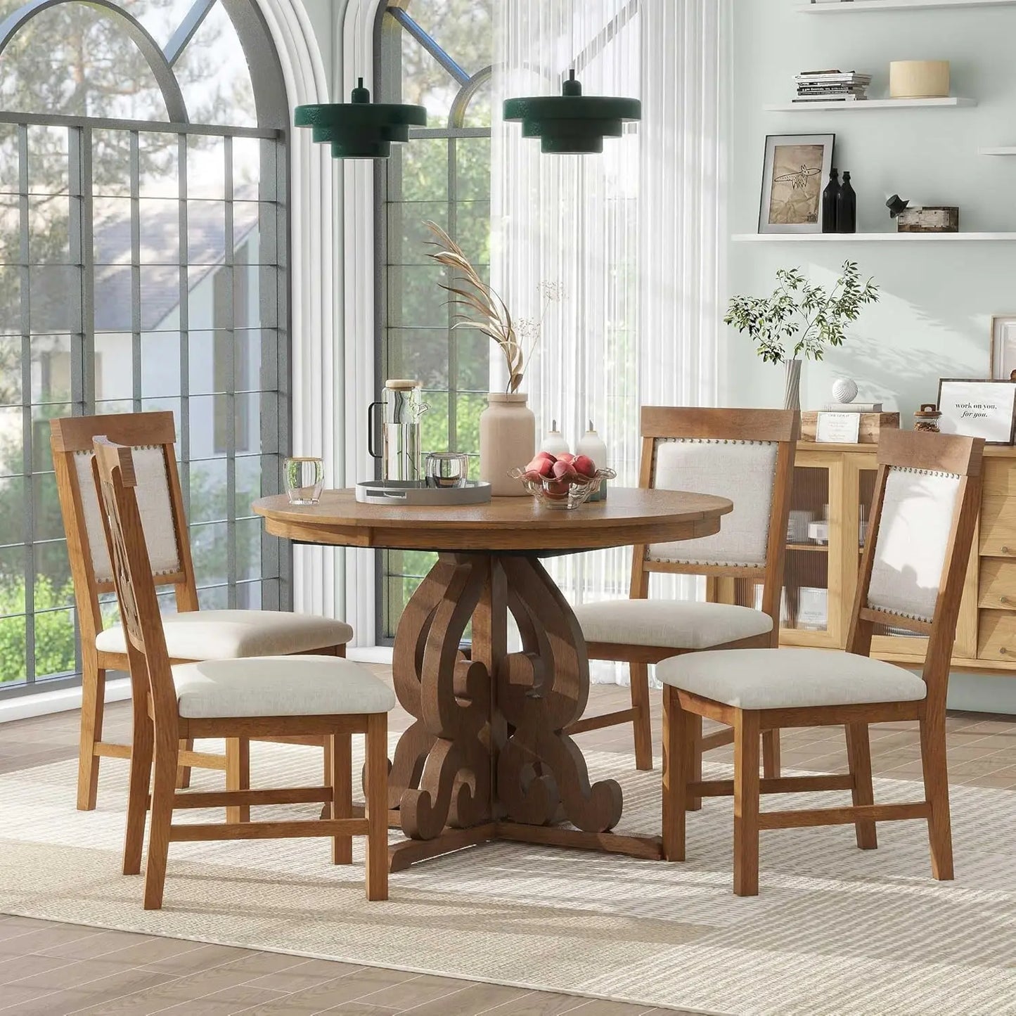 Round Dining Table with Extension and 4 Beautifully Upholstered Chairs