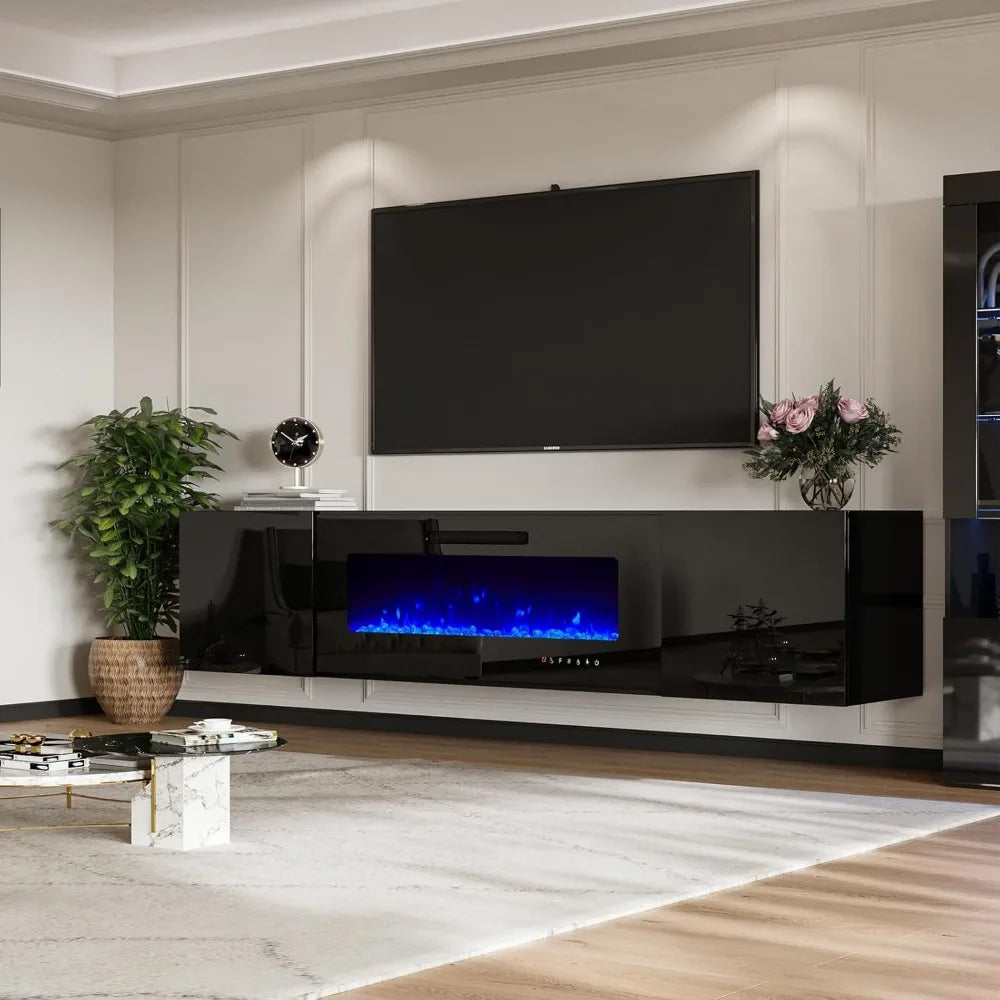 Wall Mounted High Gloss Entertainment Media Console with Floating 40" Fireplace