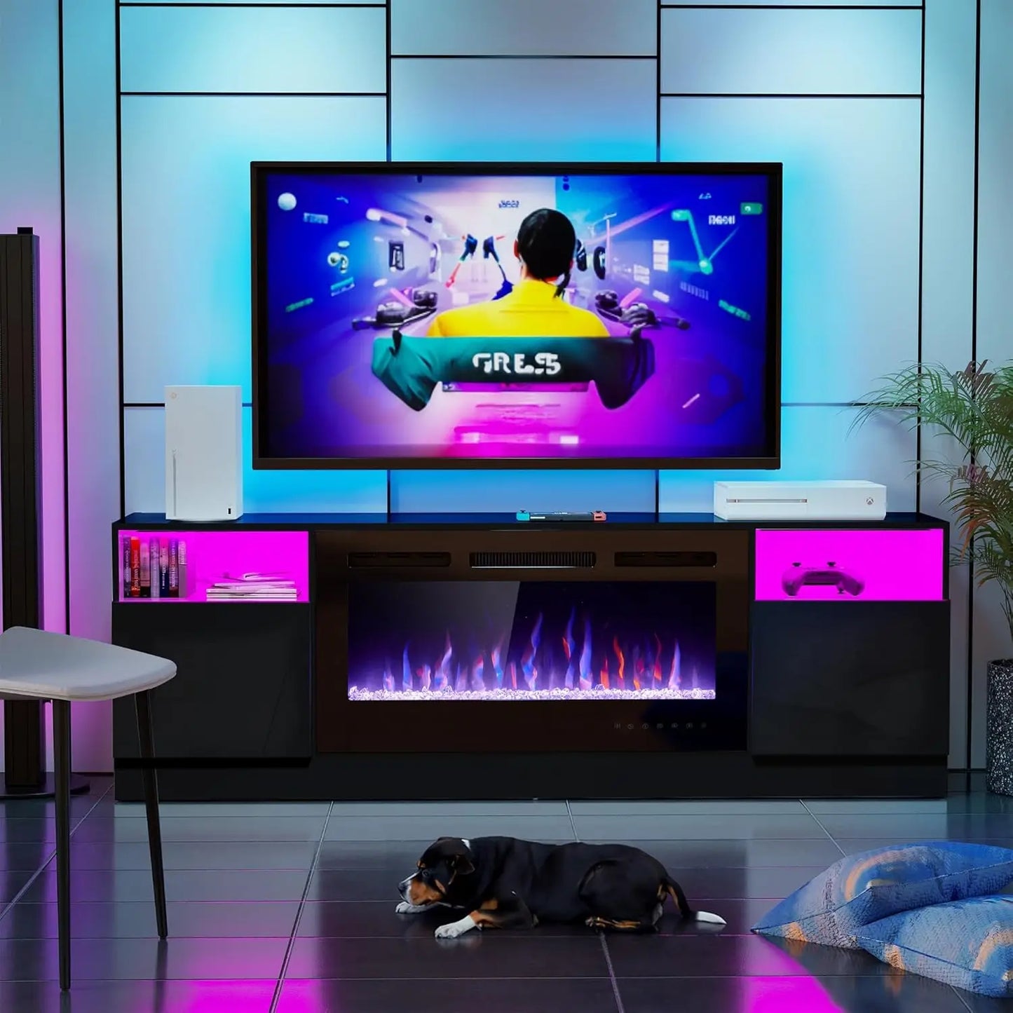 70" LED Light Entertainment Center With 36" Electric Fireplace and Remote Control