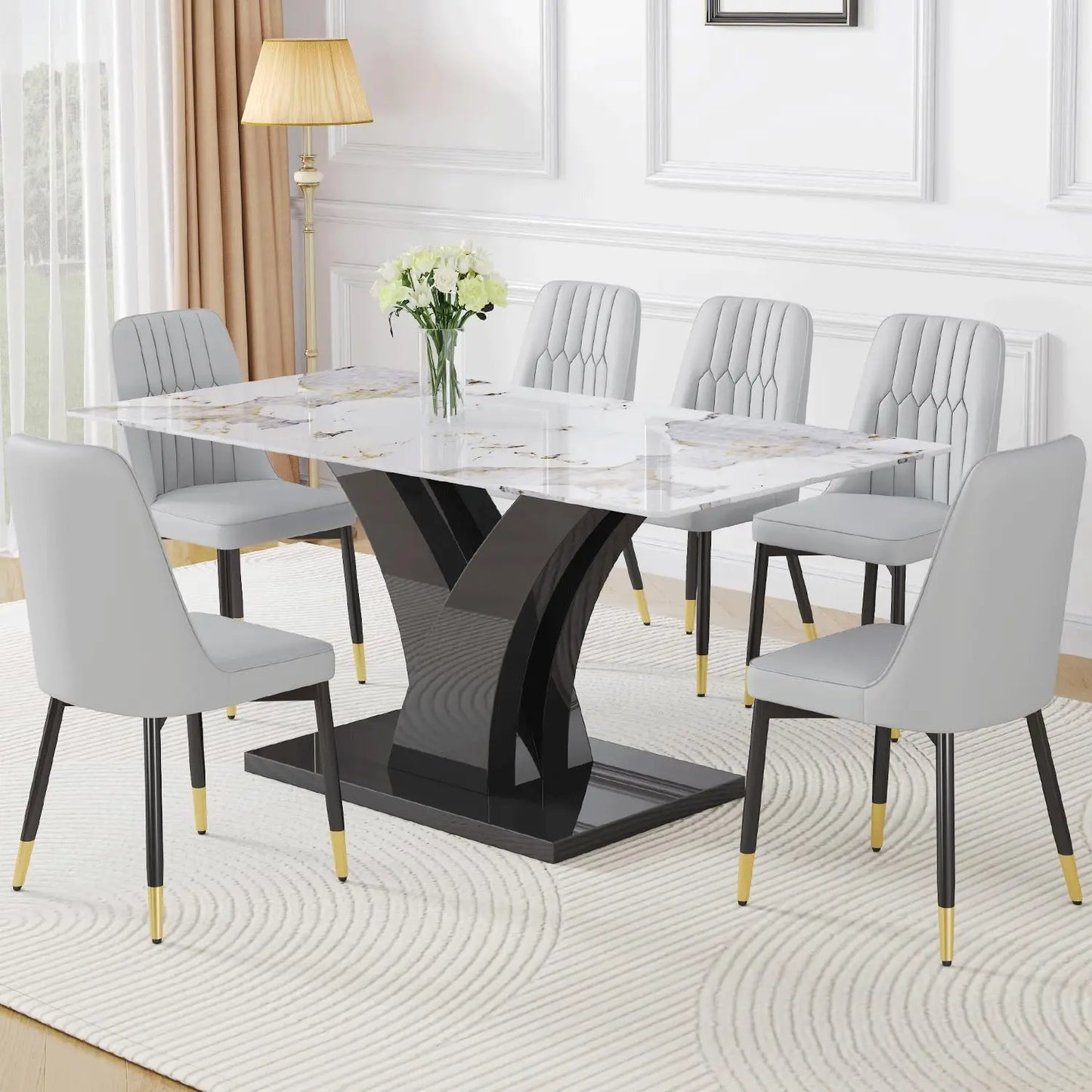 67” Dining Room Table and 6 PU Leather Chairs, Choose White, Grey or Black Chairs