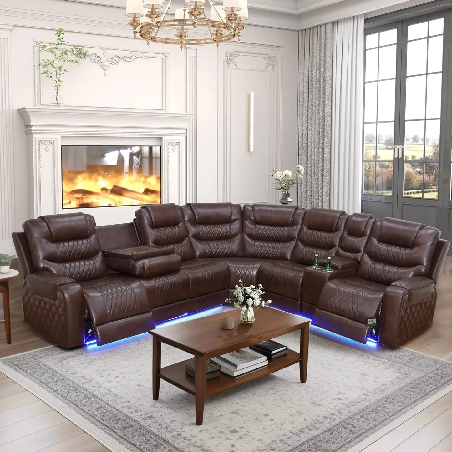 Leather Power Recliner Sectional Sofa with LED