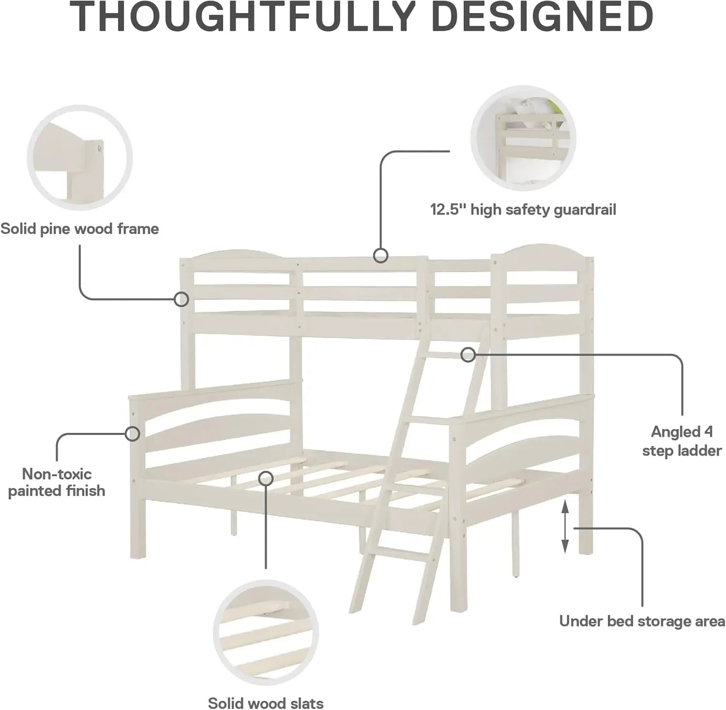 Wooden Bunk Beds, Twin Over Full White Frame bed