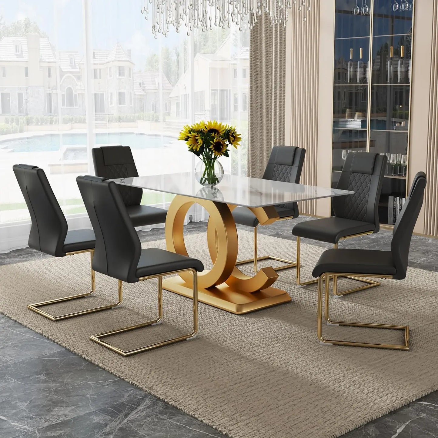 Rectangular Dining Room Table with 6 PU Leather Upholstered Dining Chairs