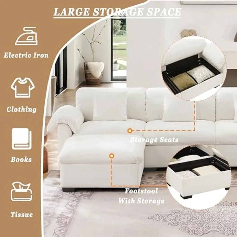 White Modular Oversized Sofa with Hidden Storage, 4 Lumbar Pillows and 2 Ottomans