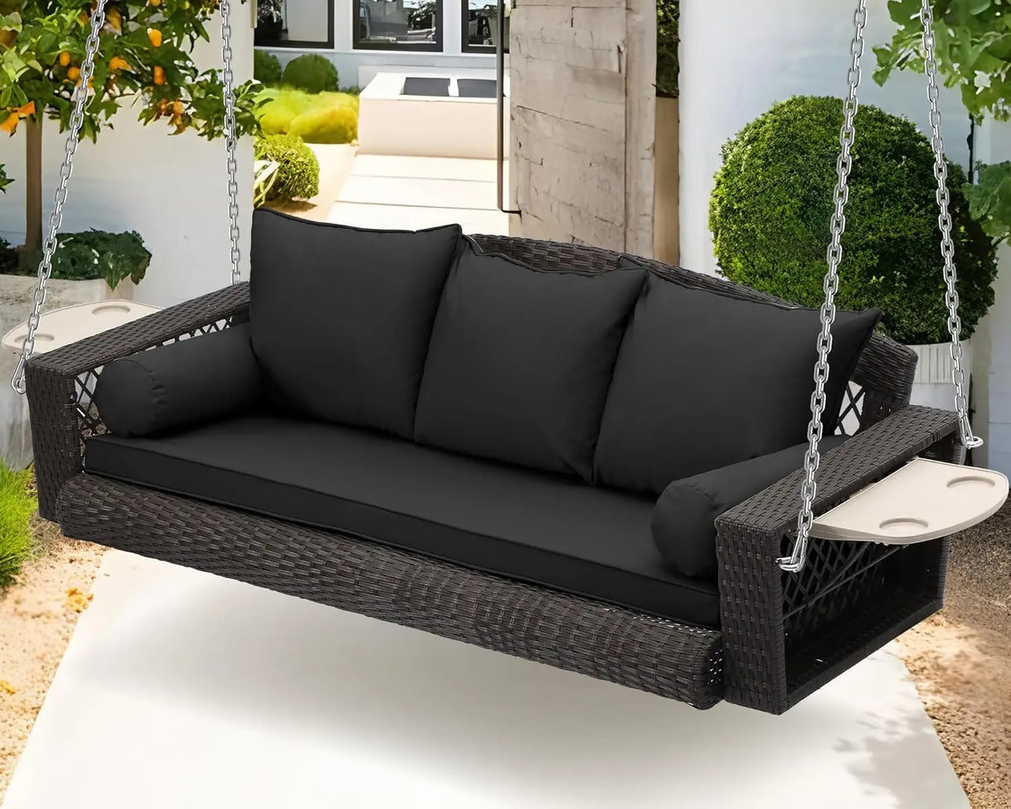 Wicker Outdoor/Porch 3-Person Hanging Swing, Cushions, Chains and Cup Holders (2) Included