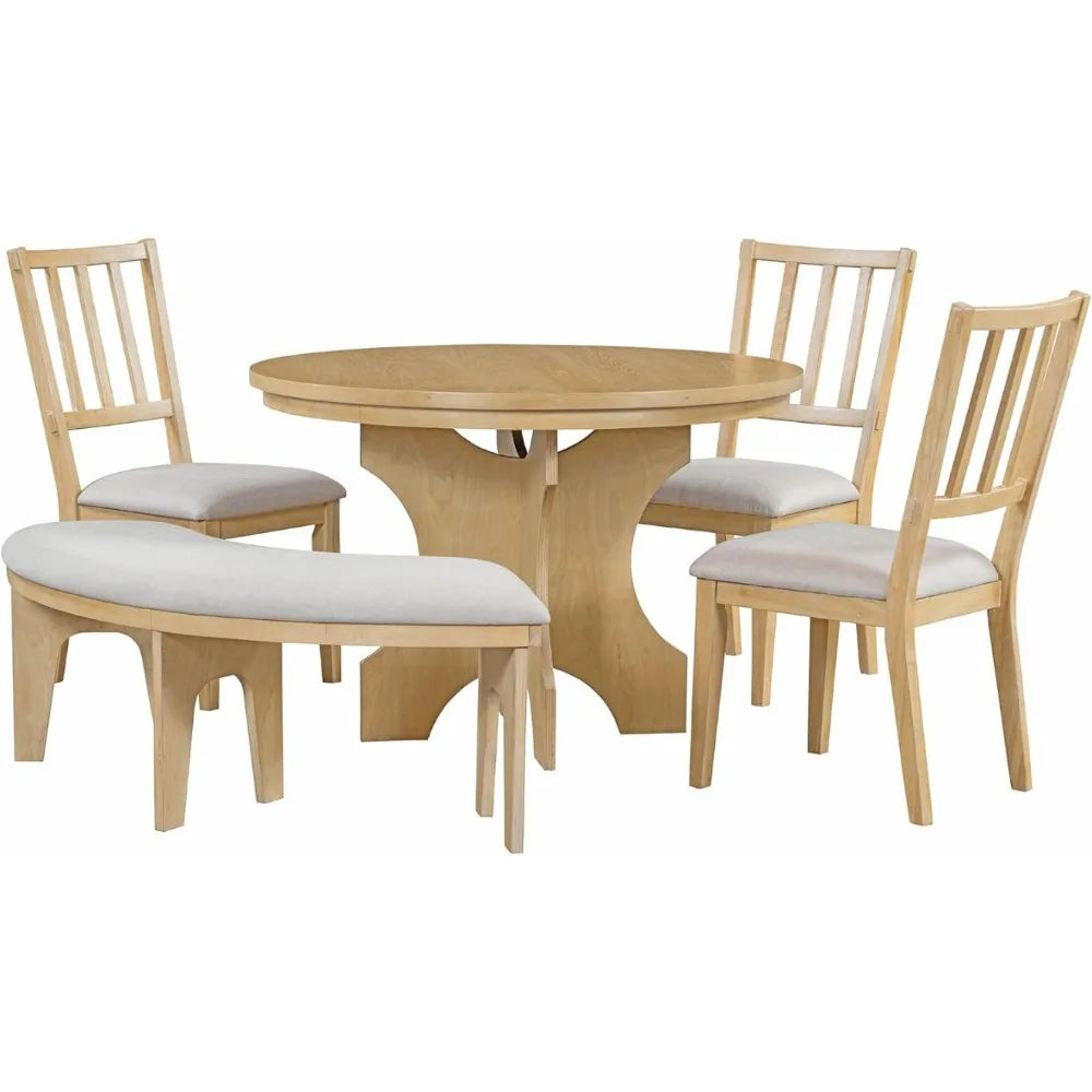 Round Solid Wood Dining Table with Upholstered Curved Bench and 3 Upholstered Chairs