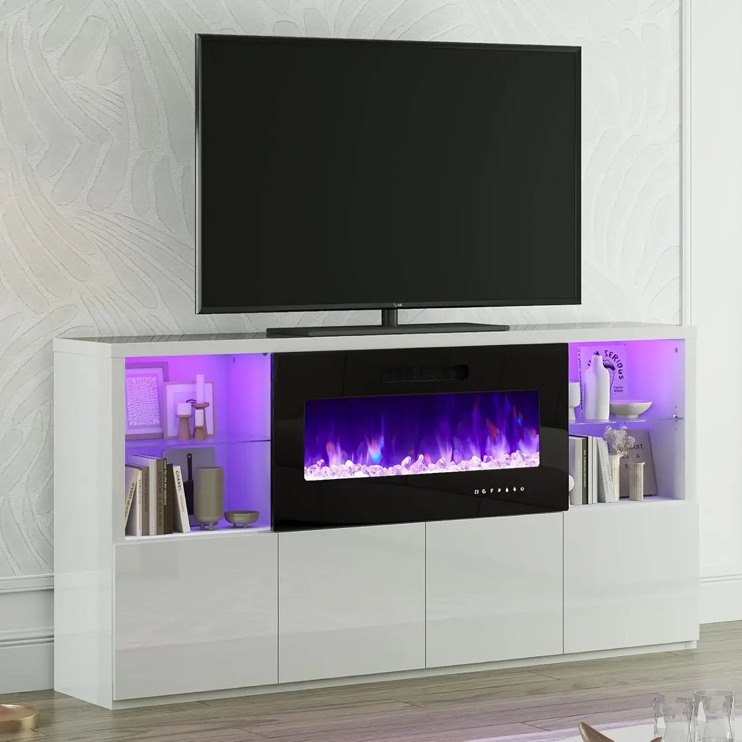Modern High Gloss Entertainment Center with 40" Fireplace, Grey, Black, White