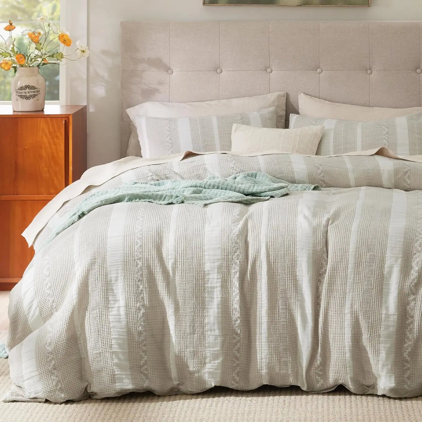 Boho Waffle Weave Duvet Cover Set with 2 Shams
