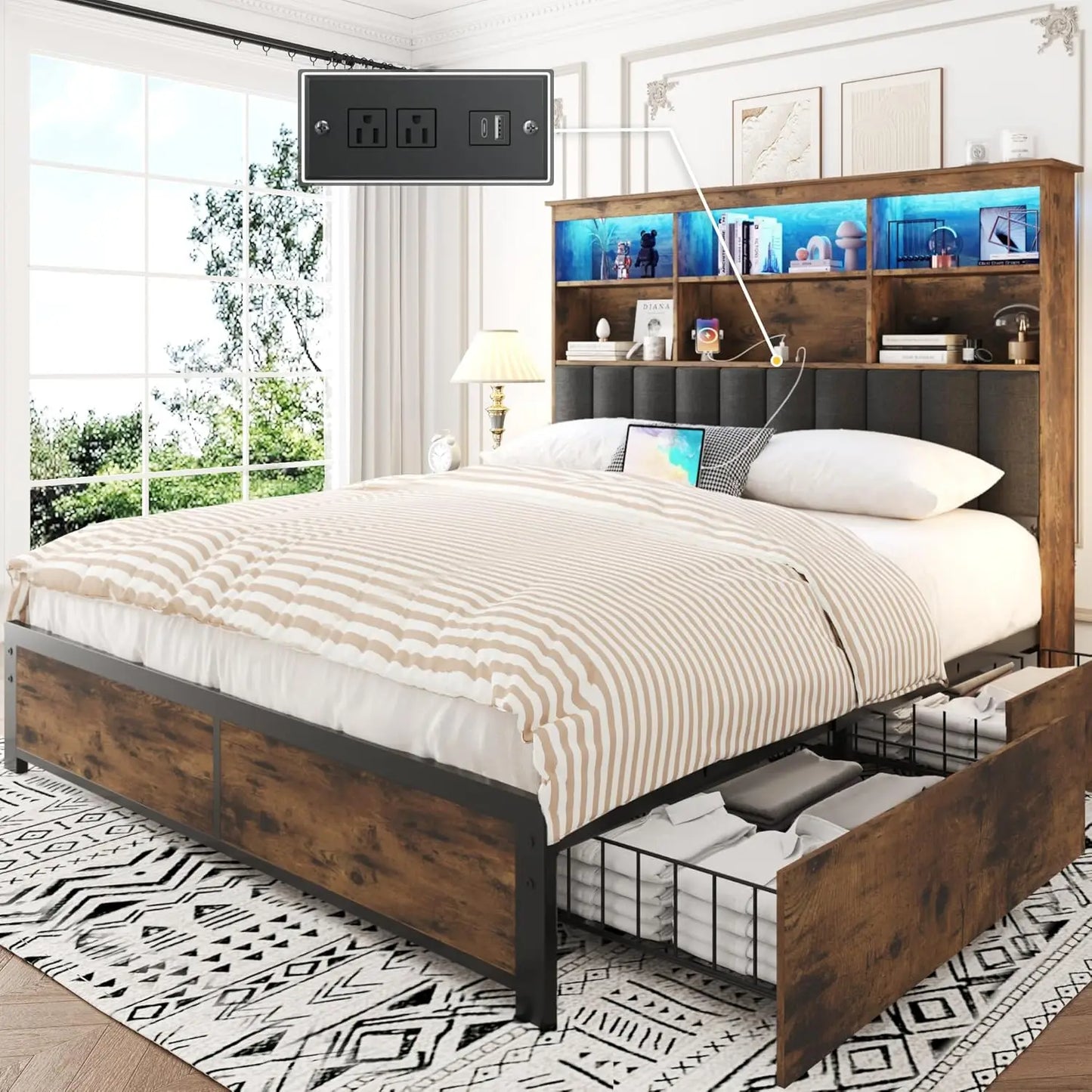 High Storage Bookcase Headboard, Bed Frame and Storage Drawers