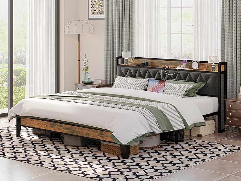 Bed Frame with Storage Headboard with Outlets