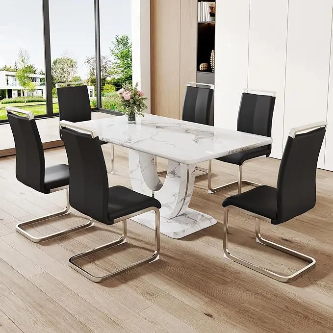 63" Modern Luxury Marble Look Dining Table with 6 Upholstered Chairs, Choice of Grey or Black