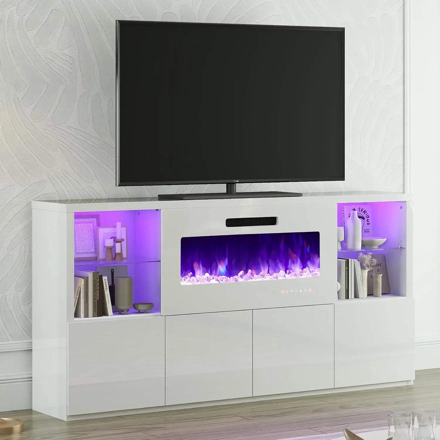 Modern High Gloss Entertainment Center with 40" Fireplace, Grey, Black, White
