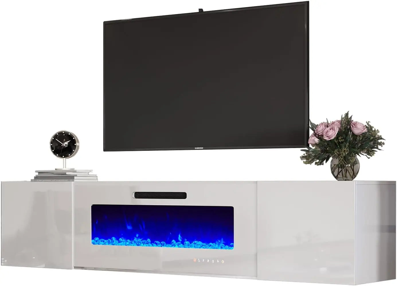 Wall Mounted High Gloss Entertainment Media Console with Floating 40" Fireplace