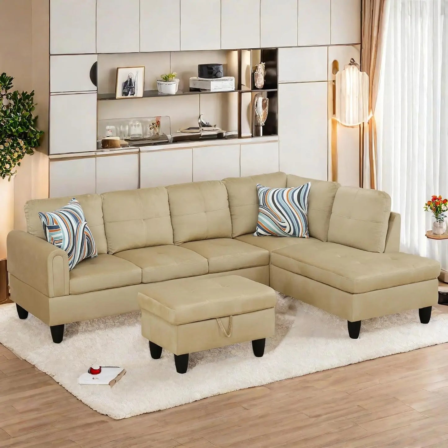 Modern L shaped Sectional With Ottoman and Grey-Belt Cup Holder