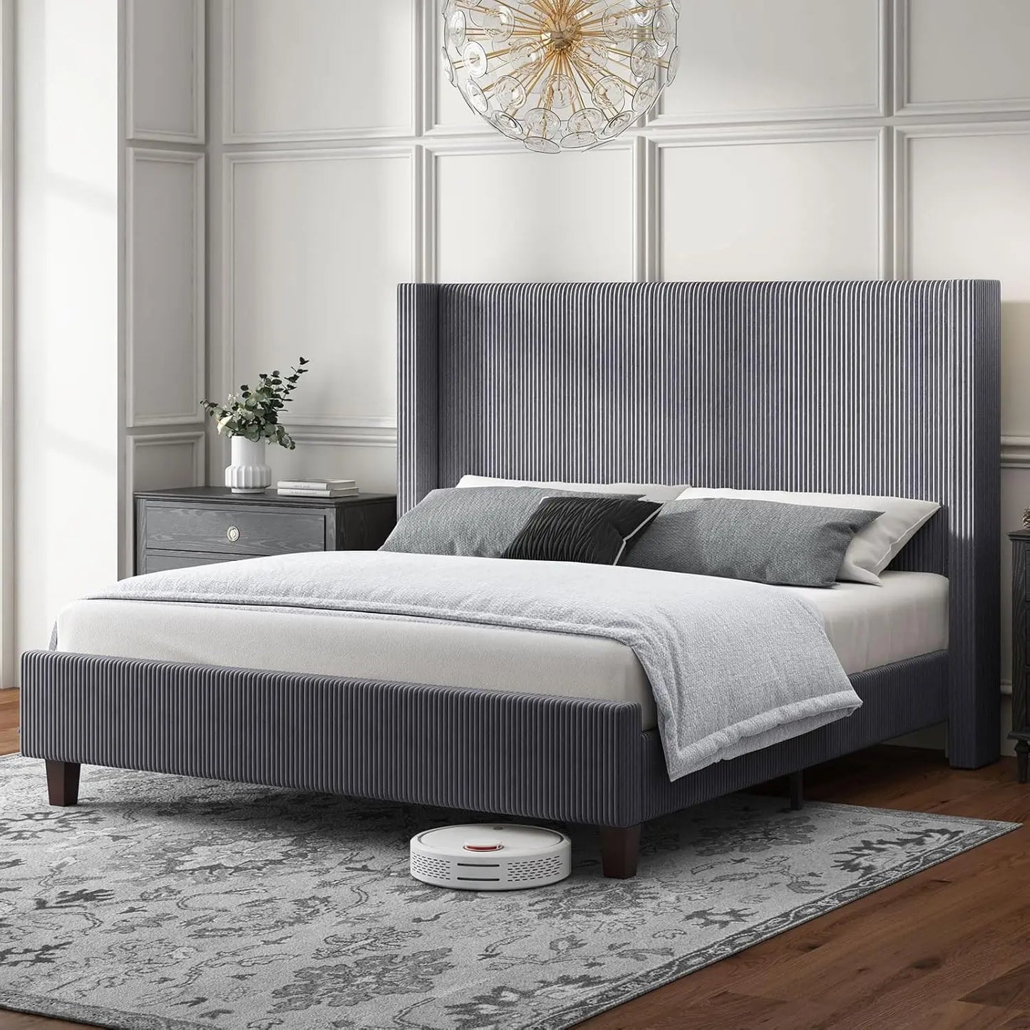 King Size Wingback Upholstered Platform Bed Frame, Wingback