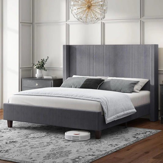 King Size Wingback Upholstered Platform Bed Frame, Wingback