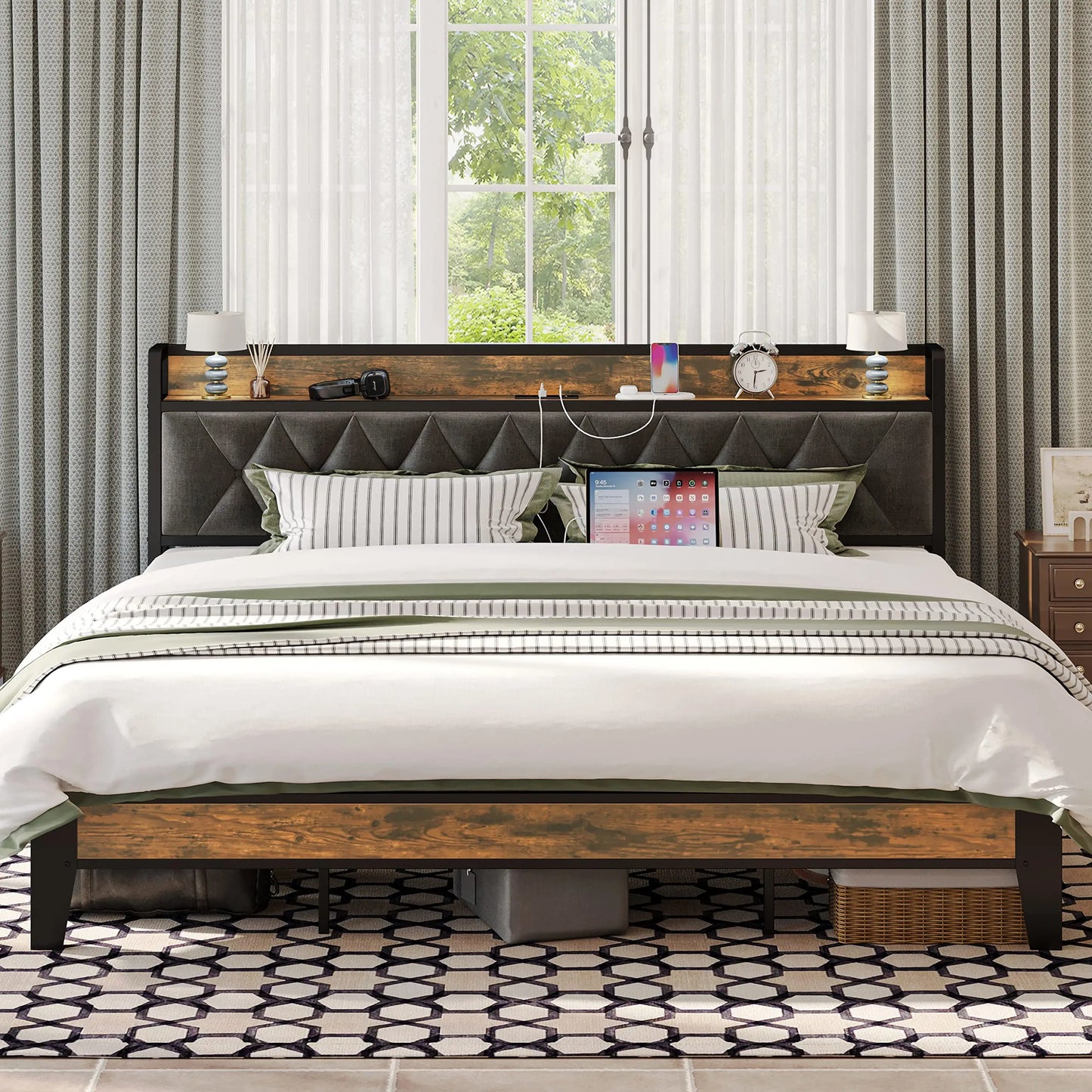 Bed Frame with Storage Headboard with Outlets