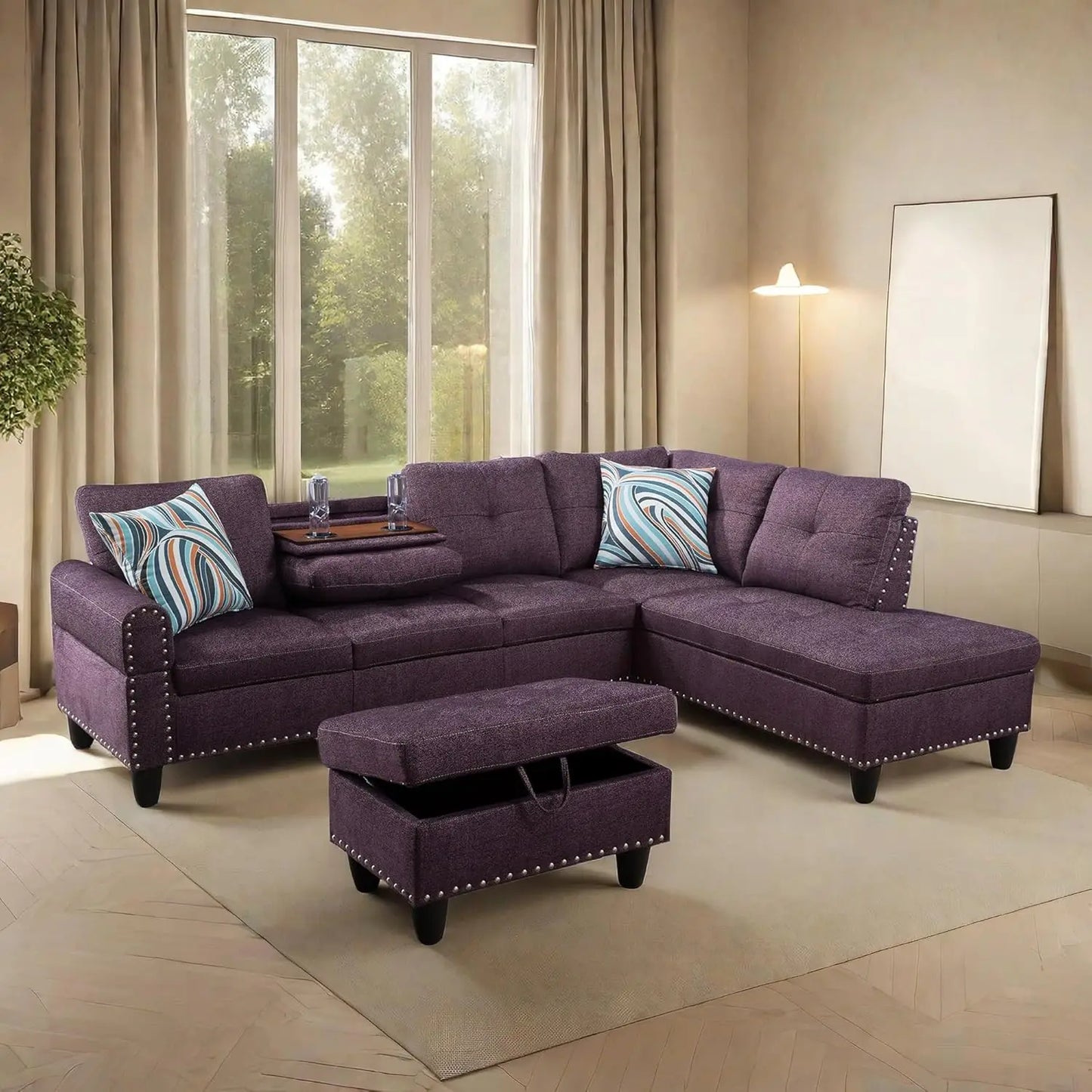 Modern L shaped Sectional With Ottoman and Grey-Belt Cup Holder