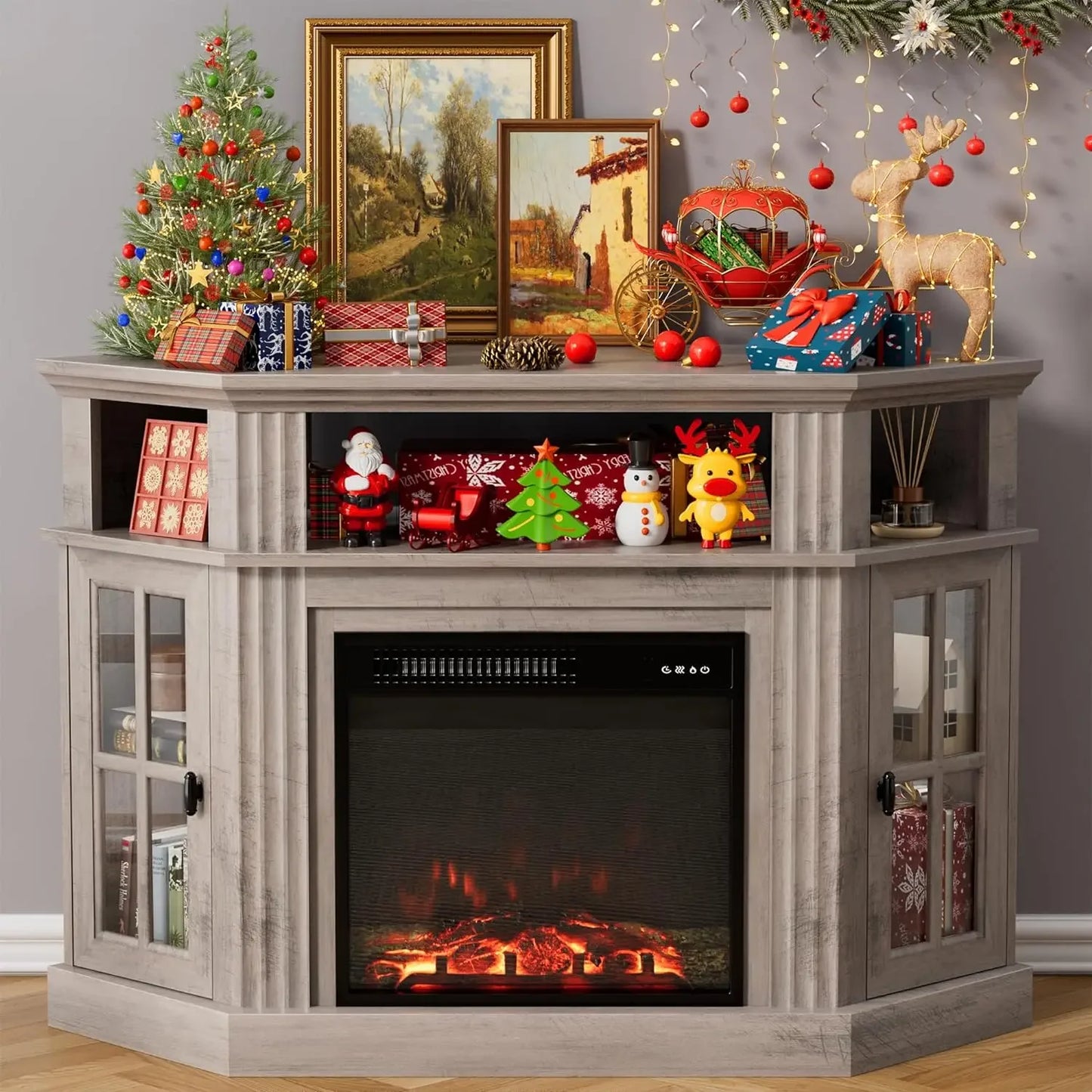 Corner Media Center with 18 Inch Electric Fireplace, Fits up to a 55 Inch TV