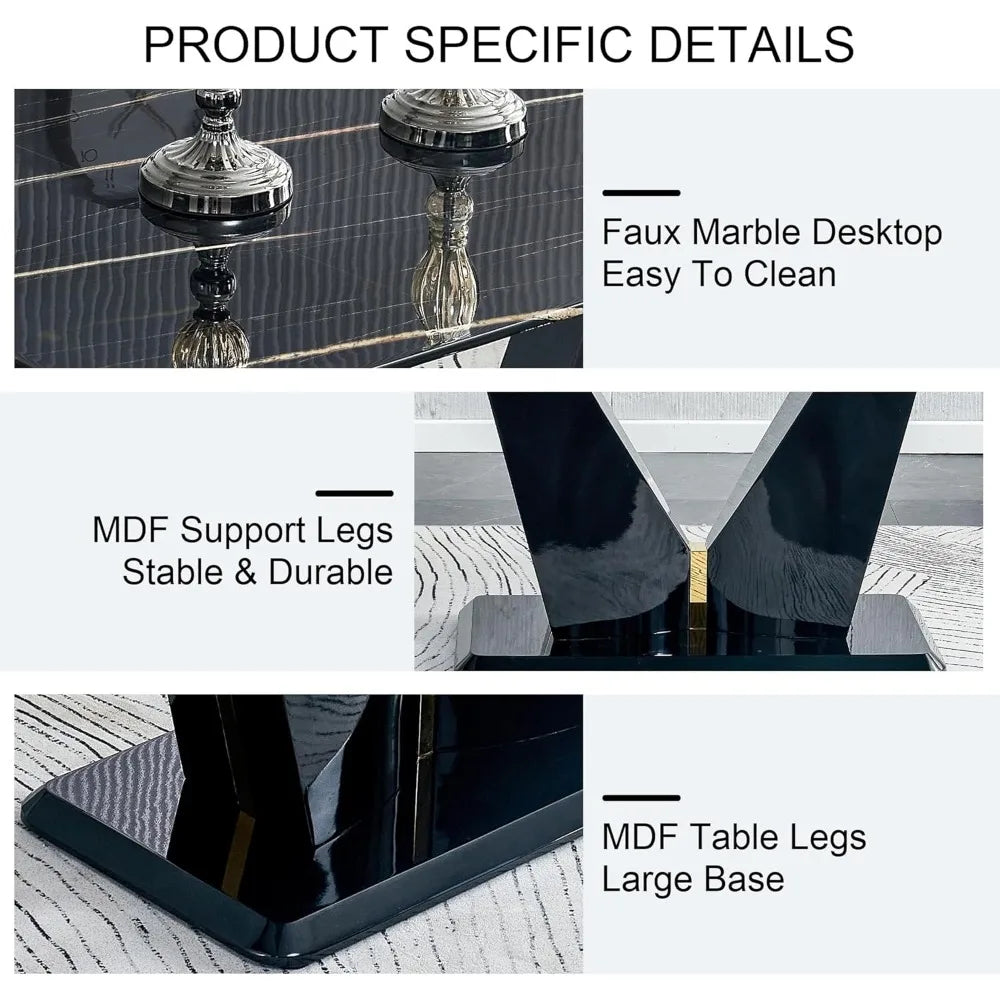 Black Dining Room Table Set for 6, Modern Marble Dining Table with 6 Metal Leg Chairs Kitchen Table Chair Set for Dining Room