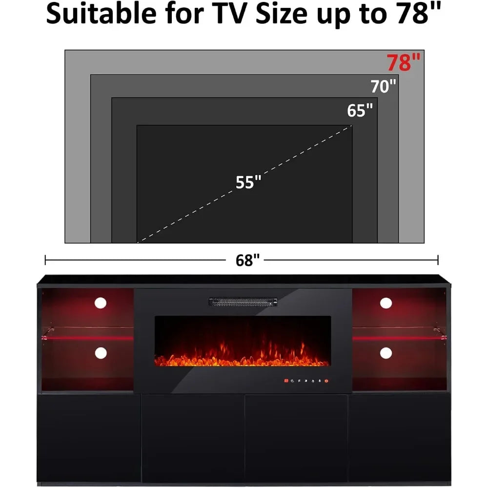 Modern High Gloss Entertainment Center with 40" Fireplace, Grey, Black, White