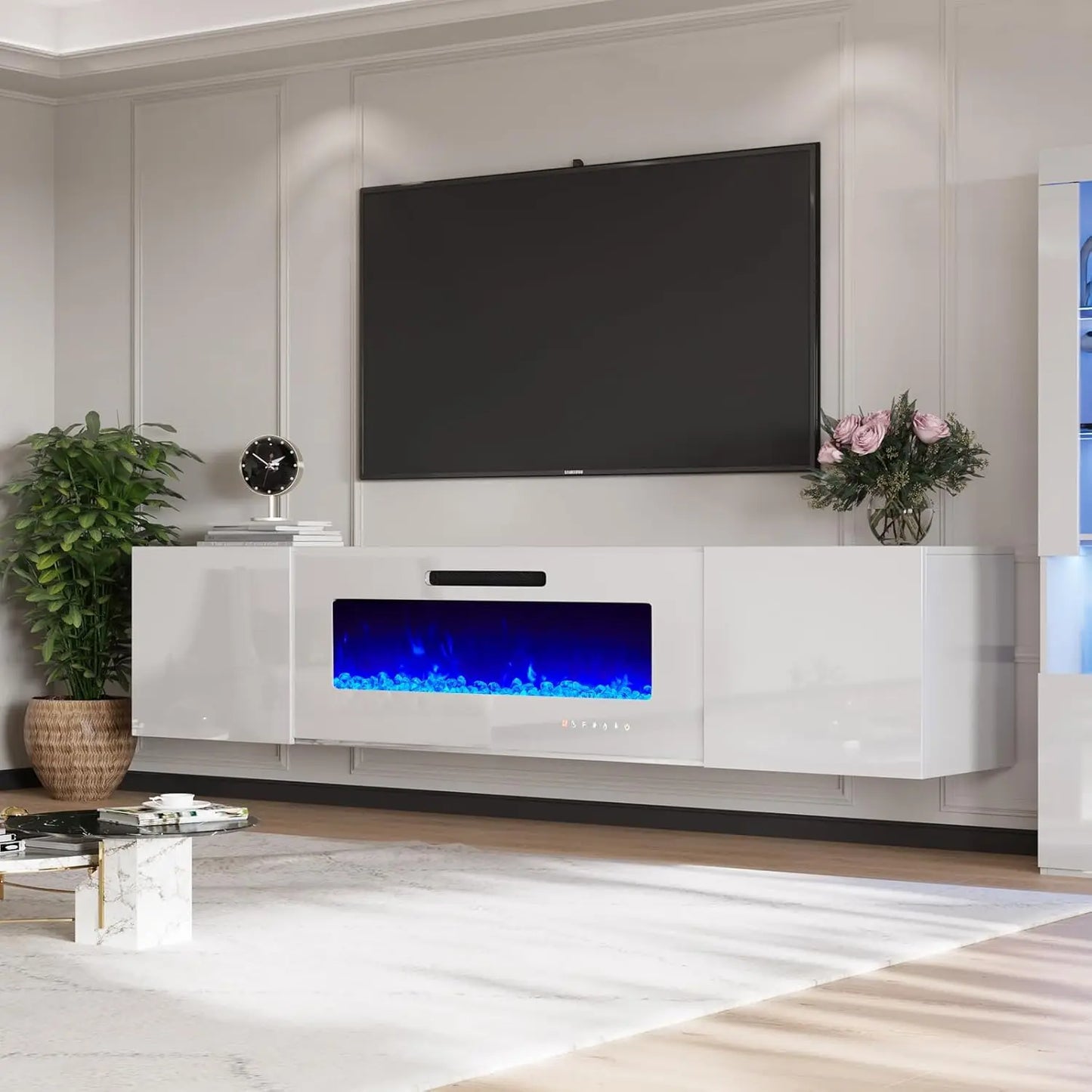 Wall Mounted High Gloss Entertainment Media Console with Floating 40" Fireplace