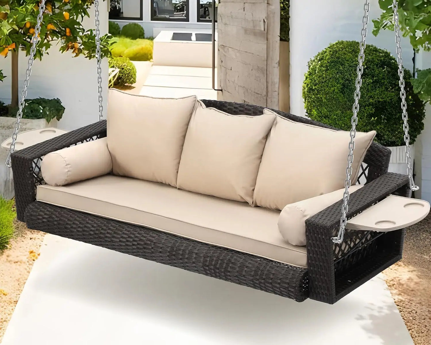 Wicker Outdoor/Porch 3-Person Hanging Swing, Cushions, Chains and Cup Holders (2) Included