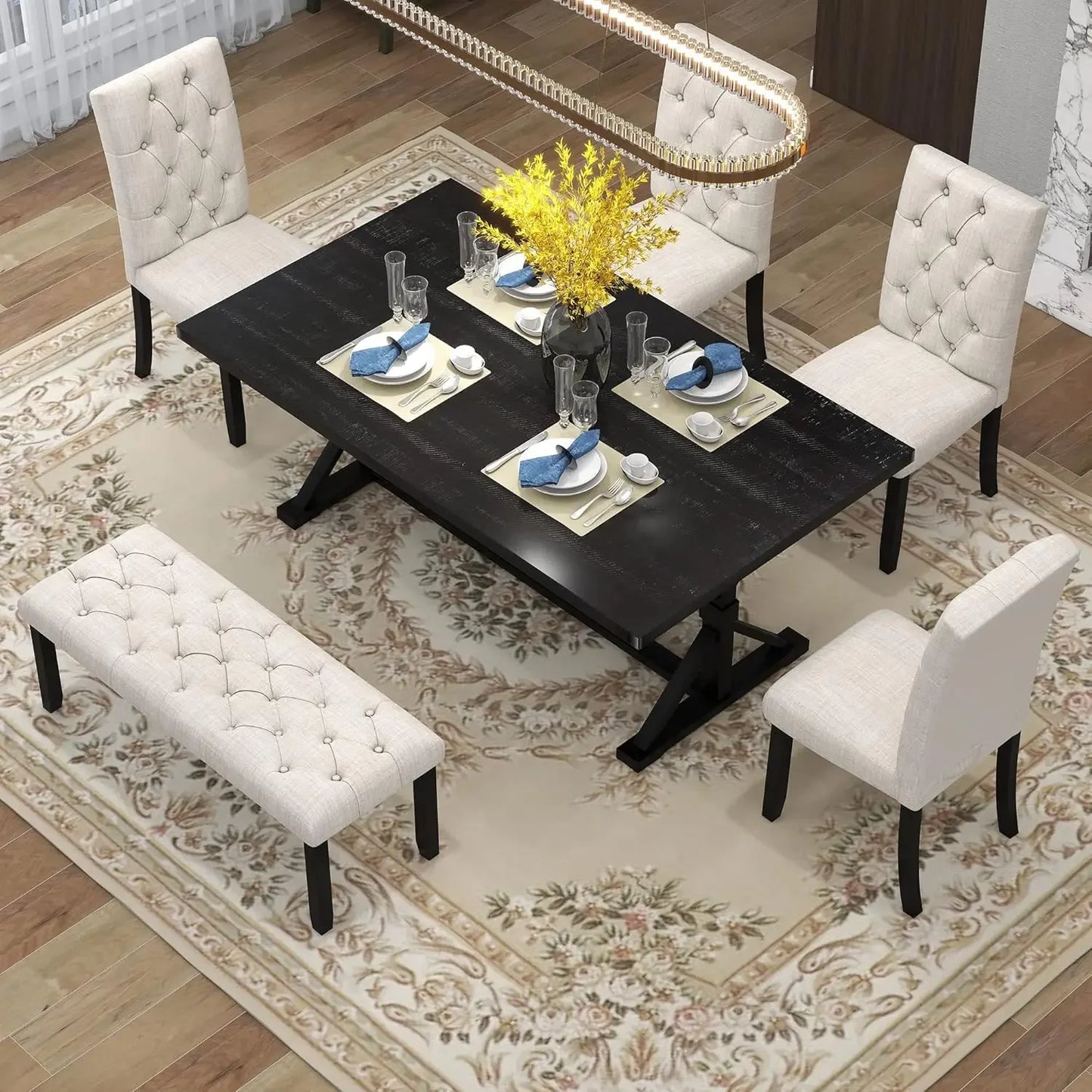 Exquisitely Designed Farmhouse Kitchen Table, Includes 4 White Upholstered Chairs and A Bench