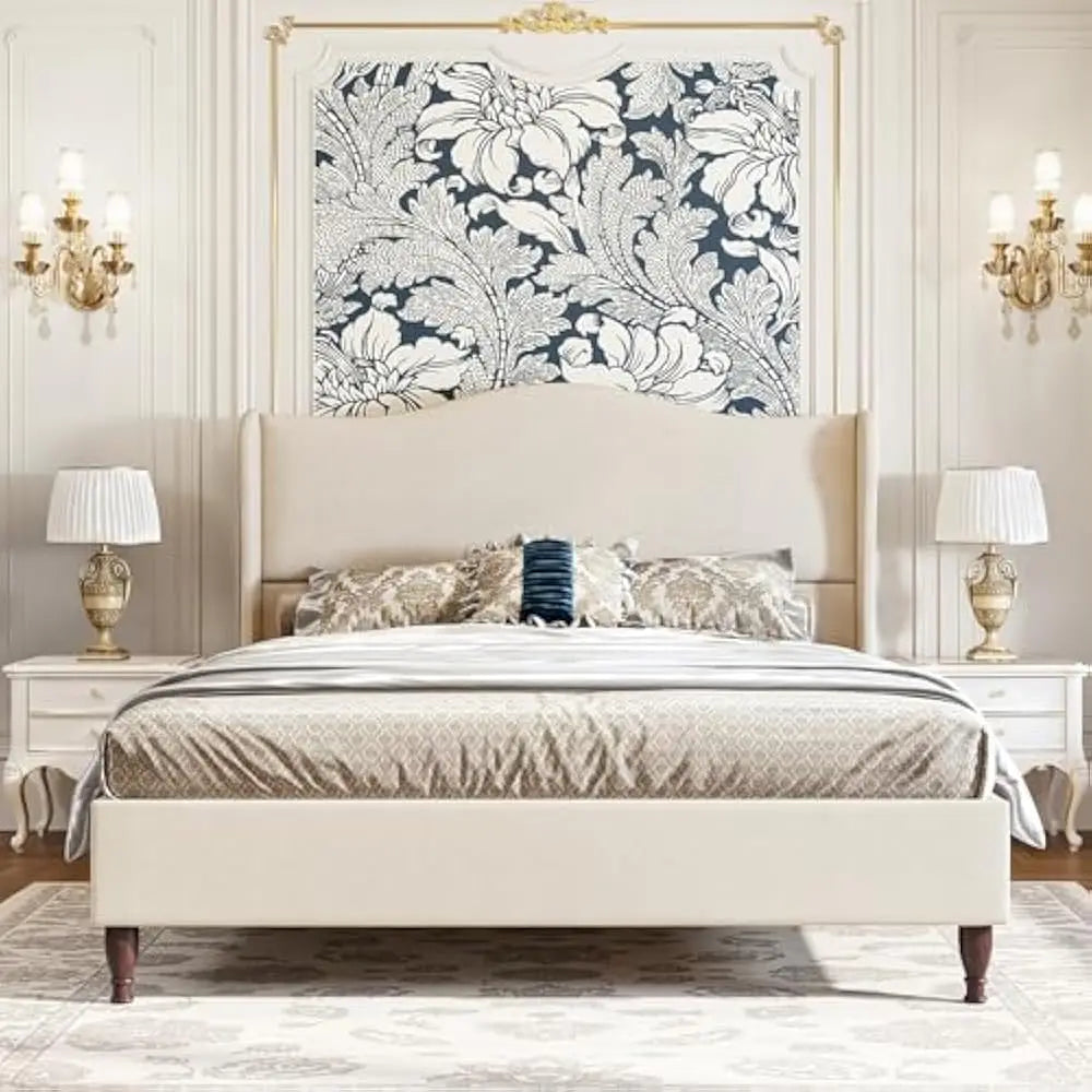 Wingback Upholstered Platform Bed Frame
