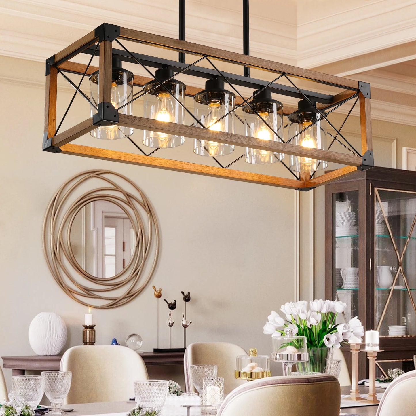 Farmhouse Wood and Glass Pendant Light