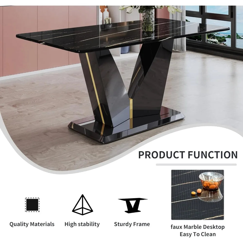 Black Dining Room Table Set for 6, Modern Marble Dining Table with 6 Metal Leg Chairs Kitchen Table Chair Set for Dining Room
