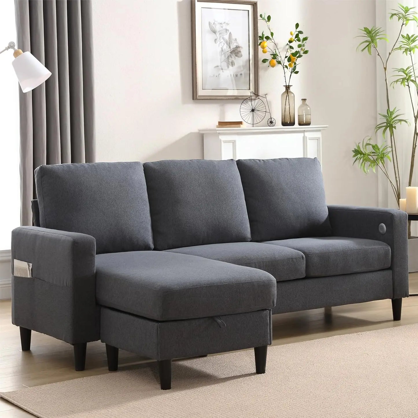 Convertible L-Shaped 3 Seat Sofa With Storage Chaise & 2 Cup Holders