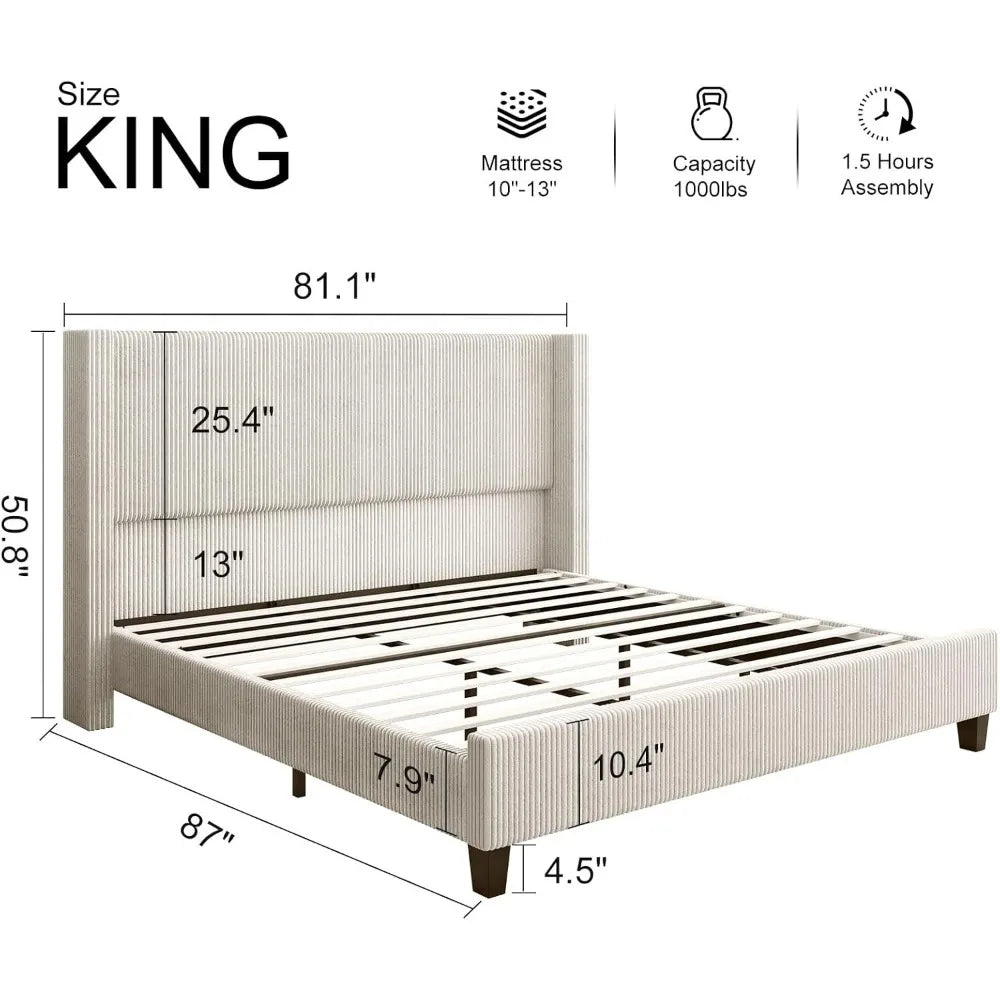 King Size Wingback Upholstered Platform Bed Frame, Wingback