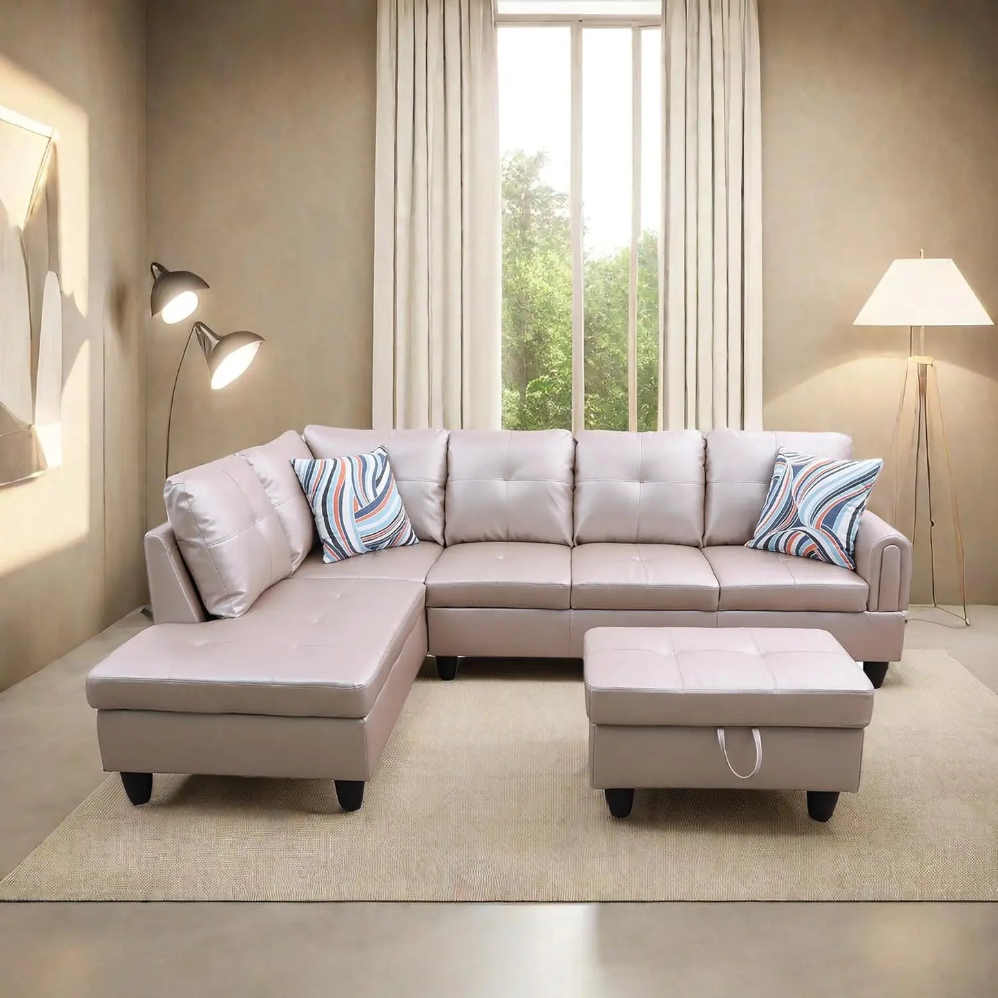 Modern L shaped Sectional With Ottoman and Grey-Belt Cup Holder