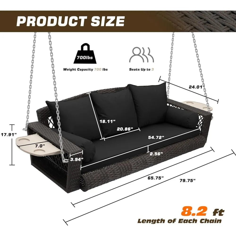 Wicker Outdoor/Porch 3-Person Hanging Swing, Cushions, Chains and Cup Holders (2) Included