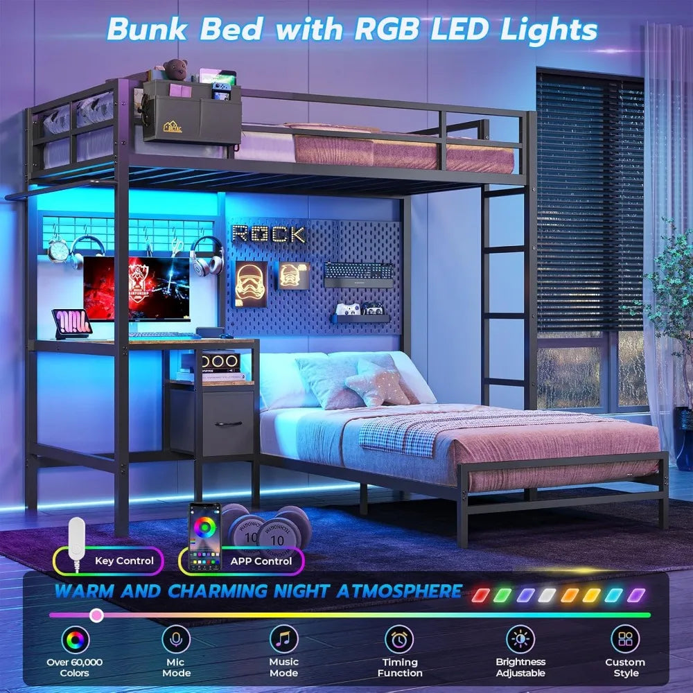 Twin Loft Over Twin Size Bed Frame with Desk Station