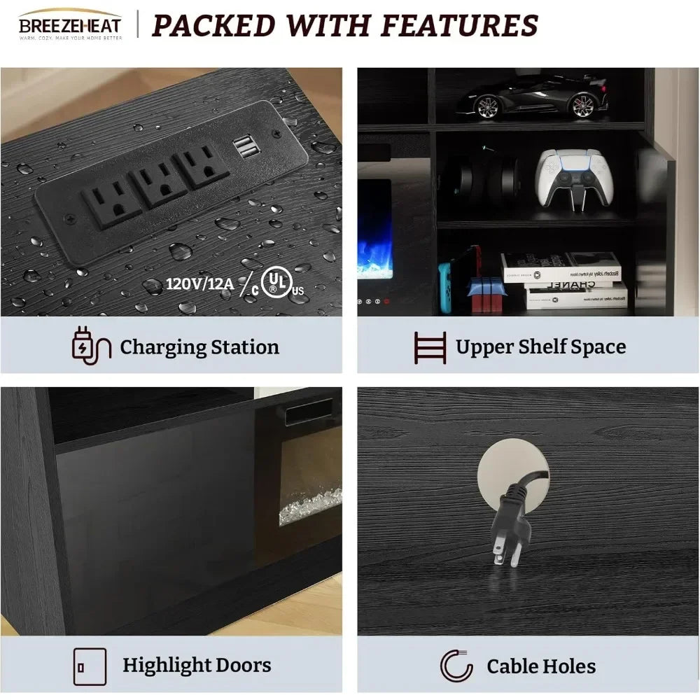 Modern Entertainment Center with LED Lights and Fireplace Insert