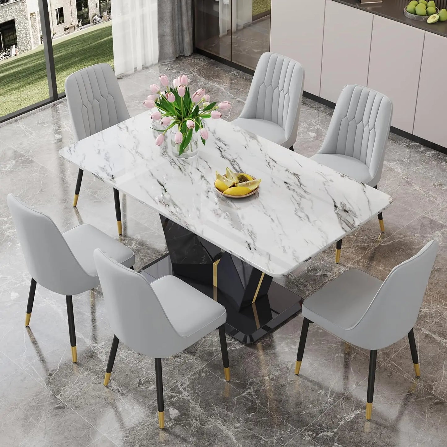 Black Dining Room Table Set for 6, Modern Marble Dining Table with 6 Metal Leg Chairs Kitchen Table Chair Set for Dining Room