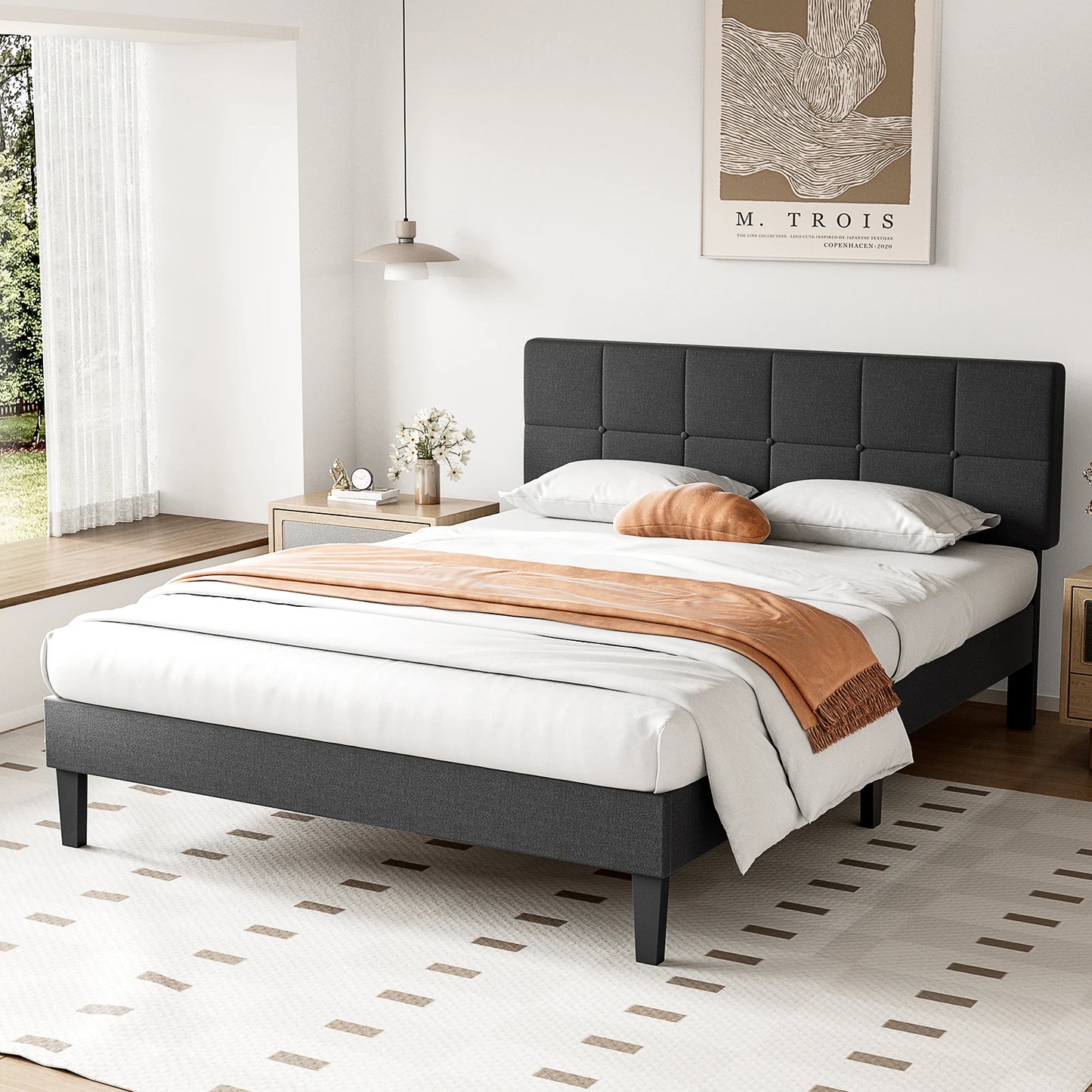 Bed Frame with Linen Upholstered Wooden Headboard