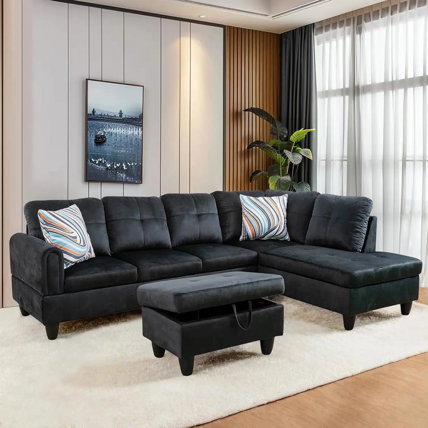 Modern L shaped Sectional With Ottoman and Grey-Belt Cup Holder