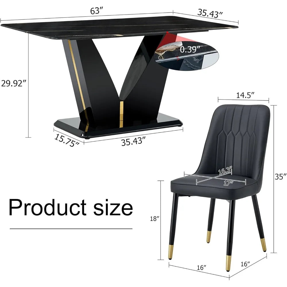 Black Dining Room Table Set for 6, Modern Marble Dining Table with 6 Metal Leg Chairs Kitchen Table Chair Set for Dining Room