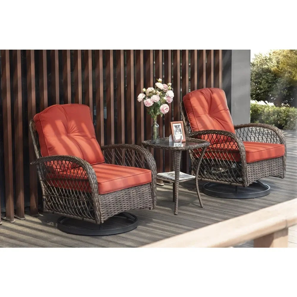 3 Piece Patio Furniture Set, 2 Swivel Glider Rocker, Wicker Patio Bistro Set with Rocking Chair, Cushions and Table