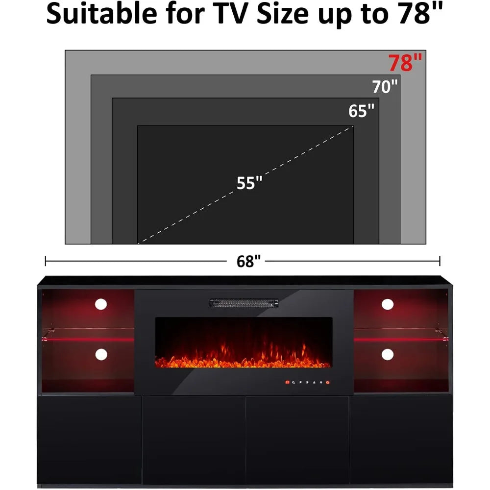 Modern High Gloss Entertainment Center with 40" Fireplace, Grey, Black, White