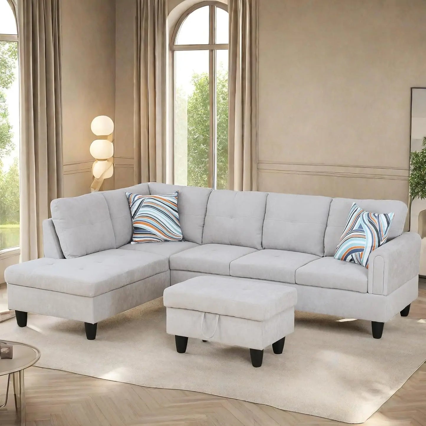 Modern L shaped Sectional With Ottoman and Grey-Belt Cup Holder